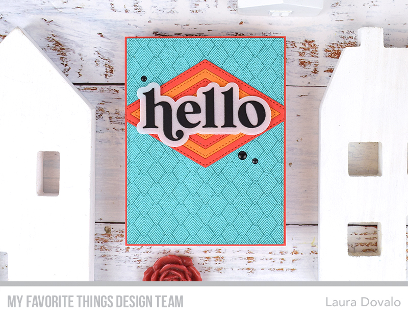 Cenital view of Arte Deco style greeting card in turquoise and orange.