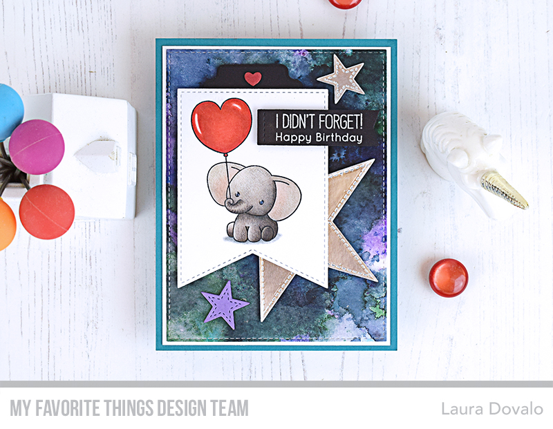 Cenital view of layered card with Copic colored elephant.