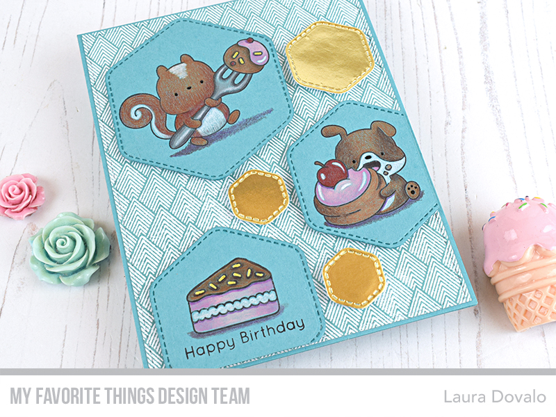 Close up of card with rounded hexagons.