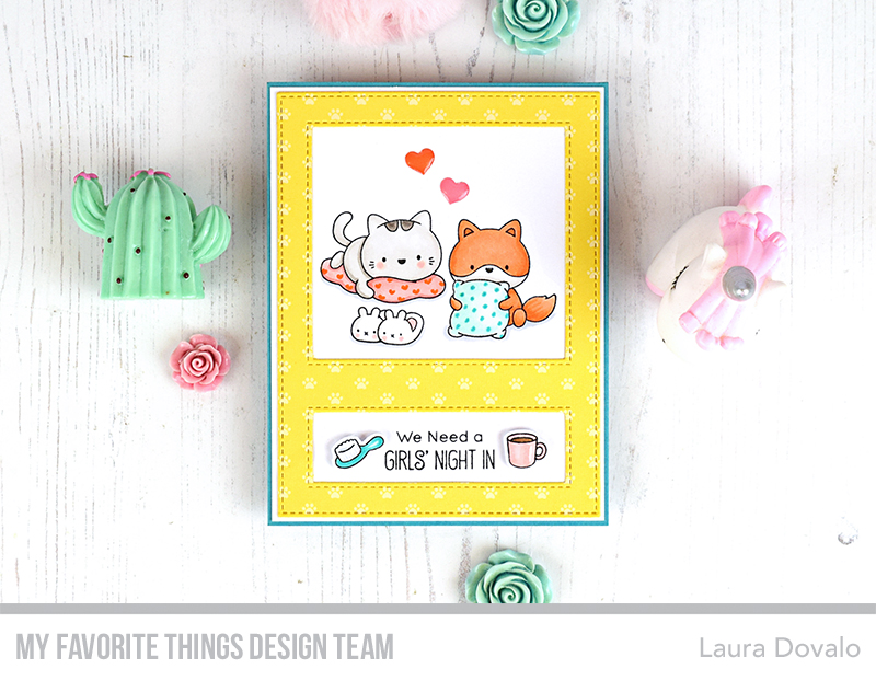 Cenital view of card with sleepover scene.