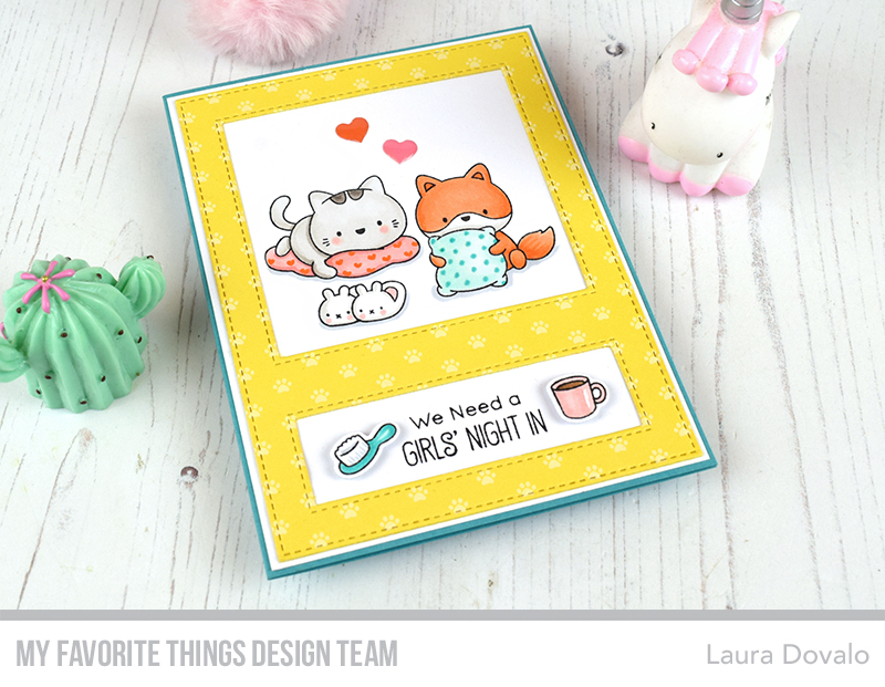 Greeting card in white and yellow with sleepover theme.