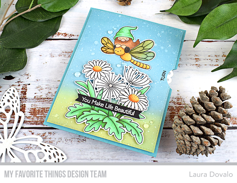 Interactive volvelle card with dragonfly.