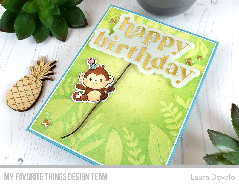 Interactive card with swinging monkey and products from the MFT February Release.