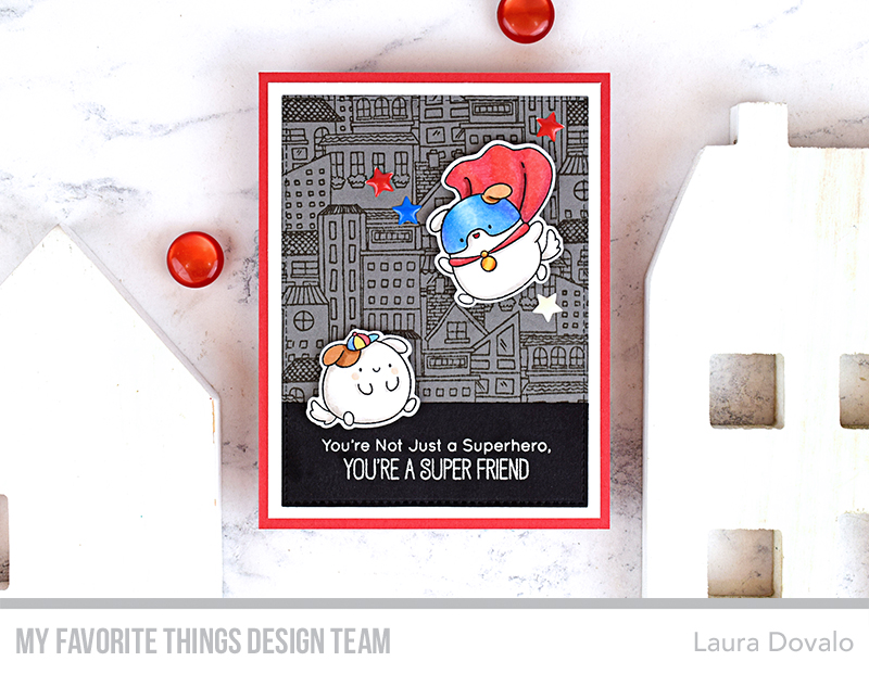 Cenital view of greeting card with superdog.