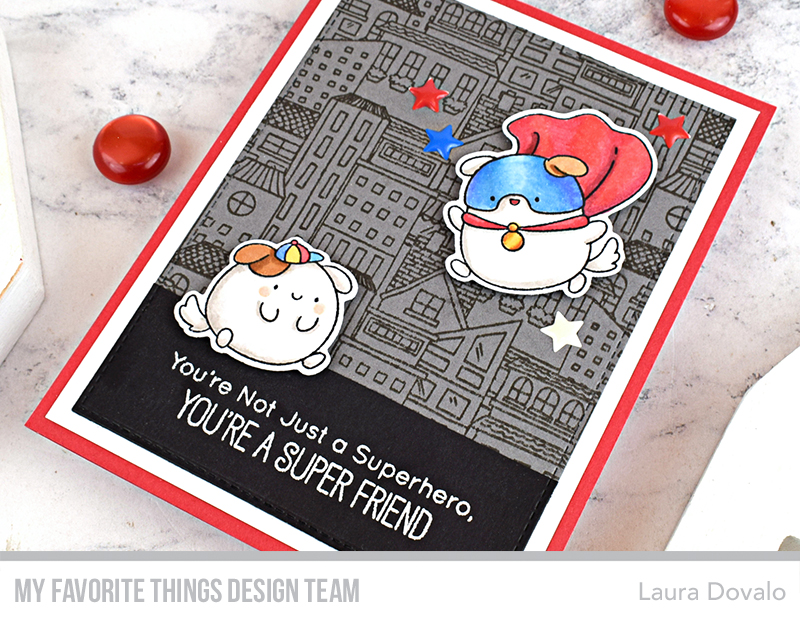 Close up of greeting card with superdog for the MFT April Jenoblade Release.