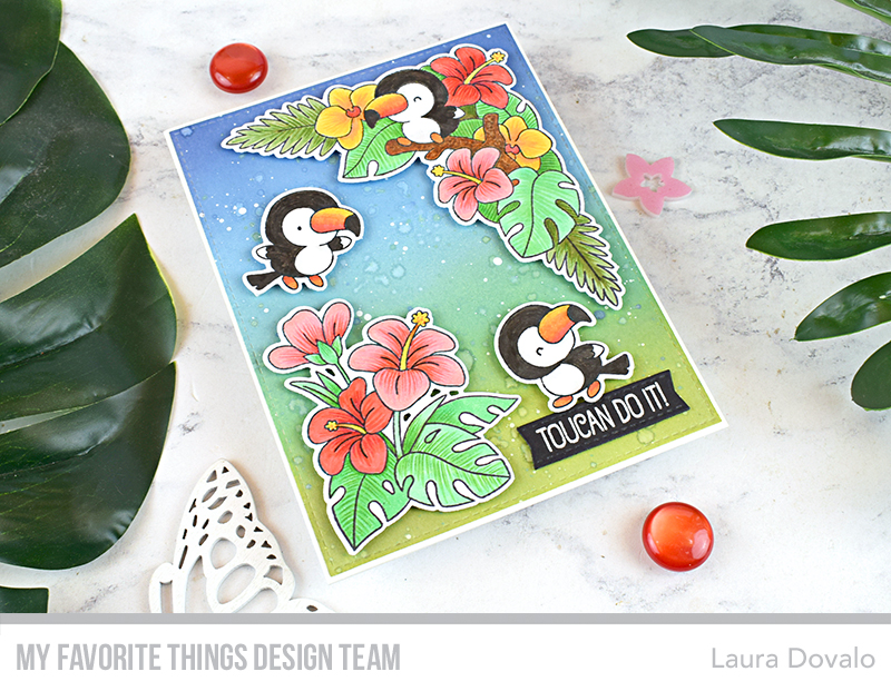 Colorful greeting card with toucans and copic coloring by Laura Dovalo for MFT Stamps.