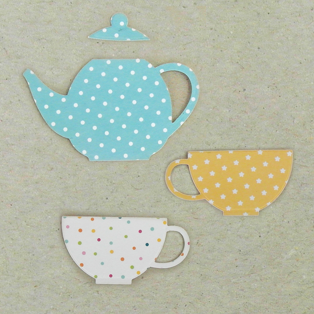 Tetera y tazas troqueladas en papel estampado de My Favorite Things.