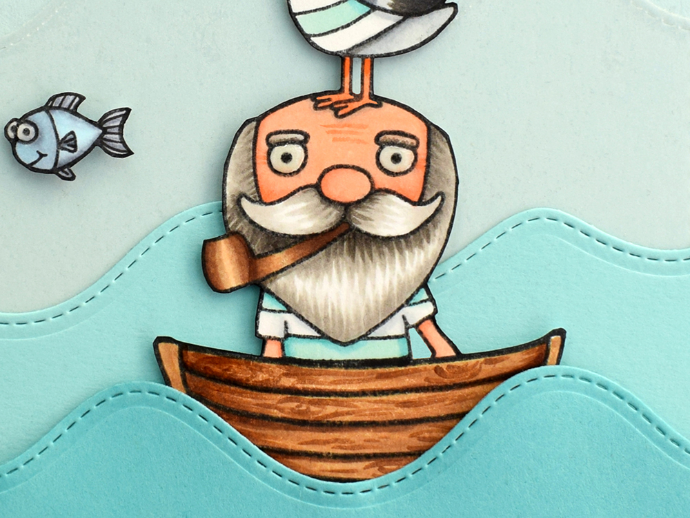 Primer plano de una divertida tarjeta masculina creada con sellos de Jane's Doodles.