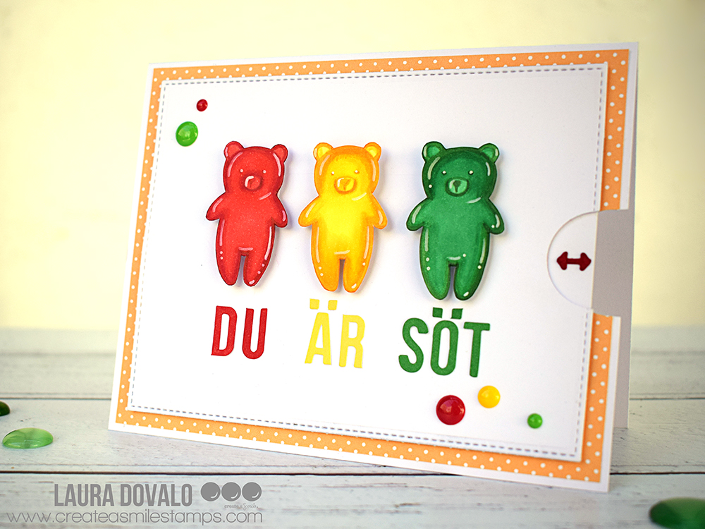 Tarjeta clean and simple interactiva con ositos de gominola para Create a Smile.