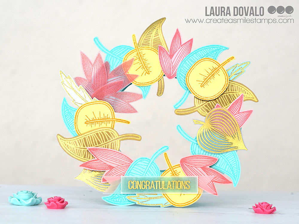 Tarjeta en forma de corona con hojas, embossing y papel vegetal.